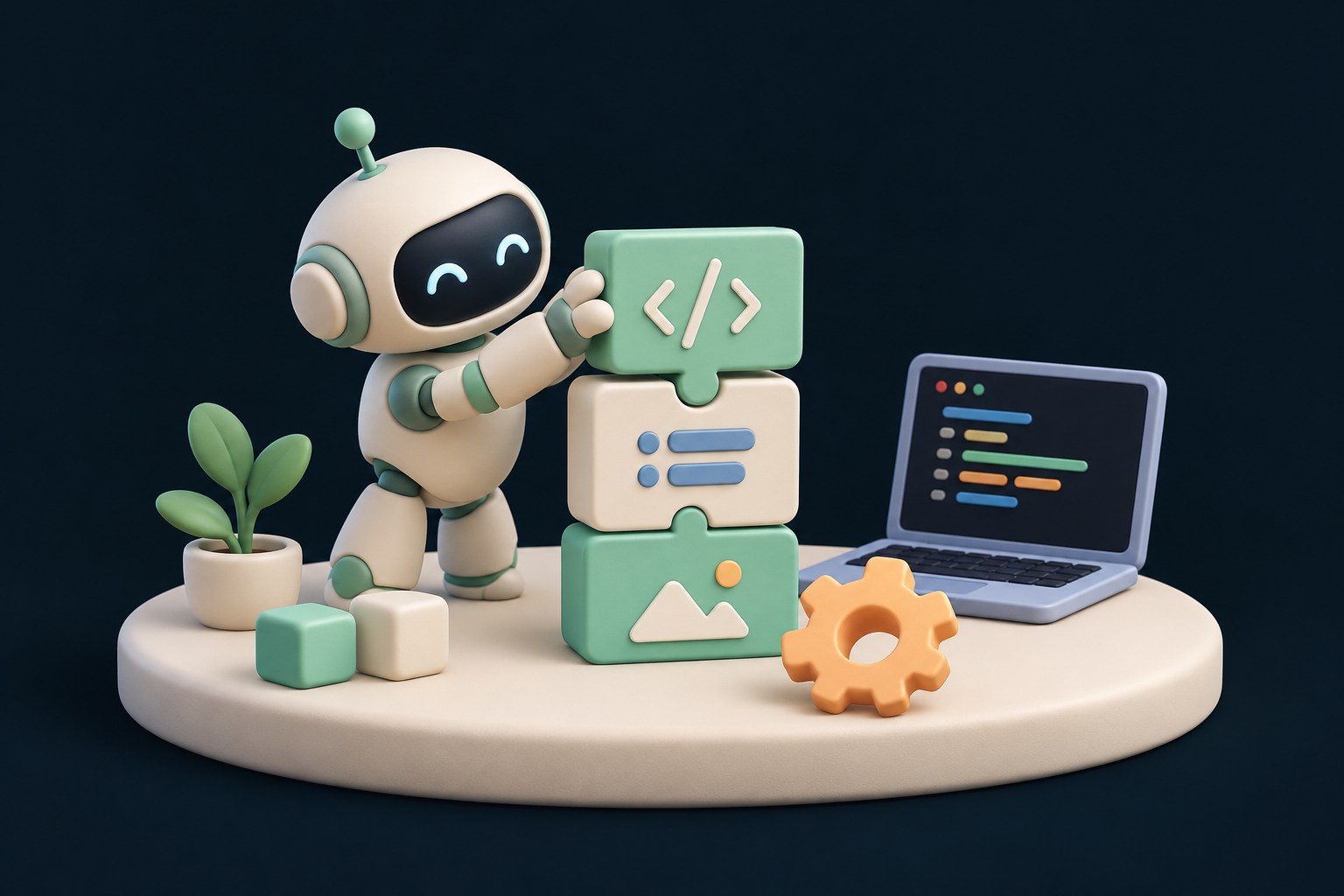Illustration: Ein kleiner Coding-Roboter setzt Softwarebausteine zu einer Anwendung zusammen